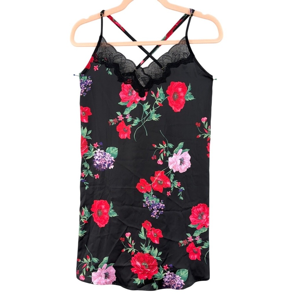 NWT Soma Satin Lace Trim Chemise Gown Sz M Black Floral Rhapsody Flora 570381874
